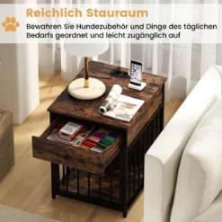 Hundekäfig Möbel Hundebox für Zuhause mit Ladestation Tür Schublade & Metallrohren Braun