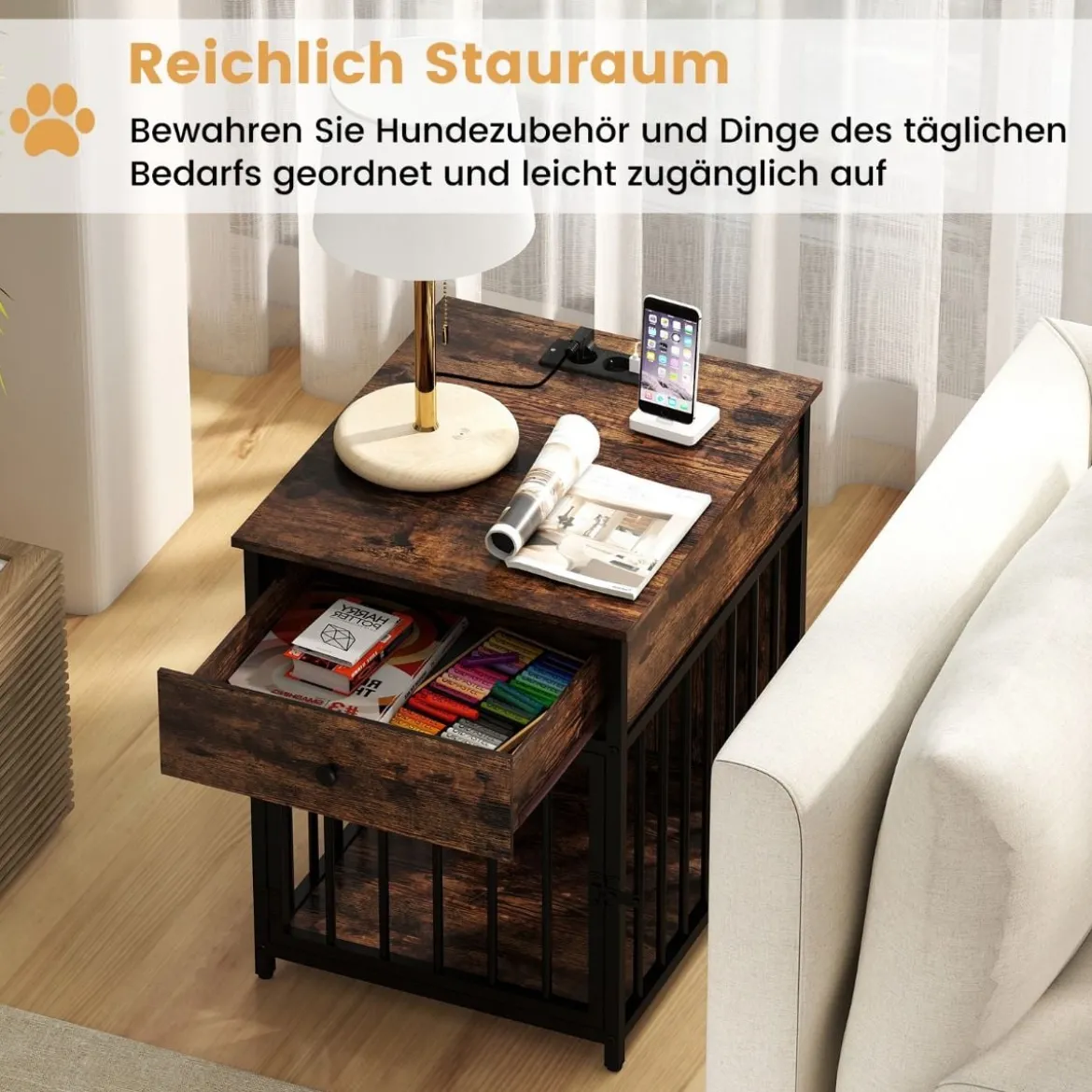 Hundekäfig Möbel Hundebox für Zuhause mit Ladestation Tür Schublade & Metallrohren Braun