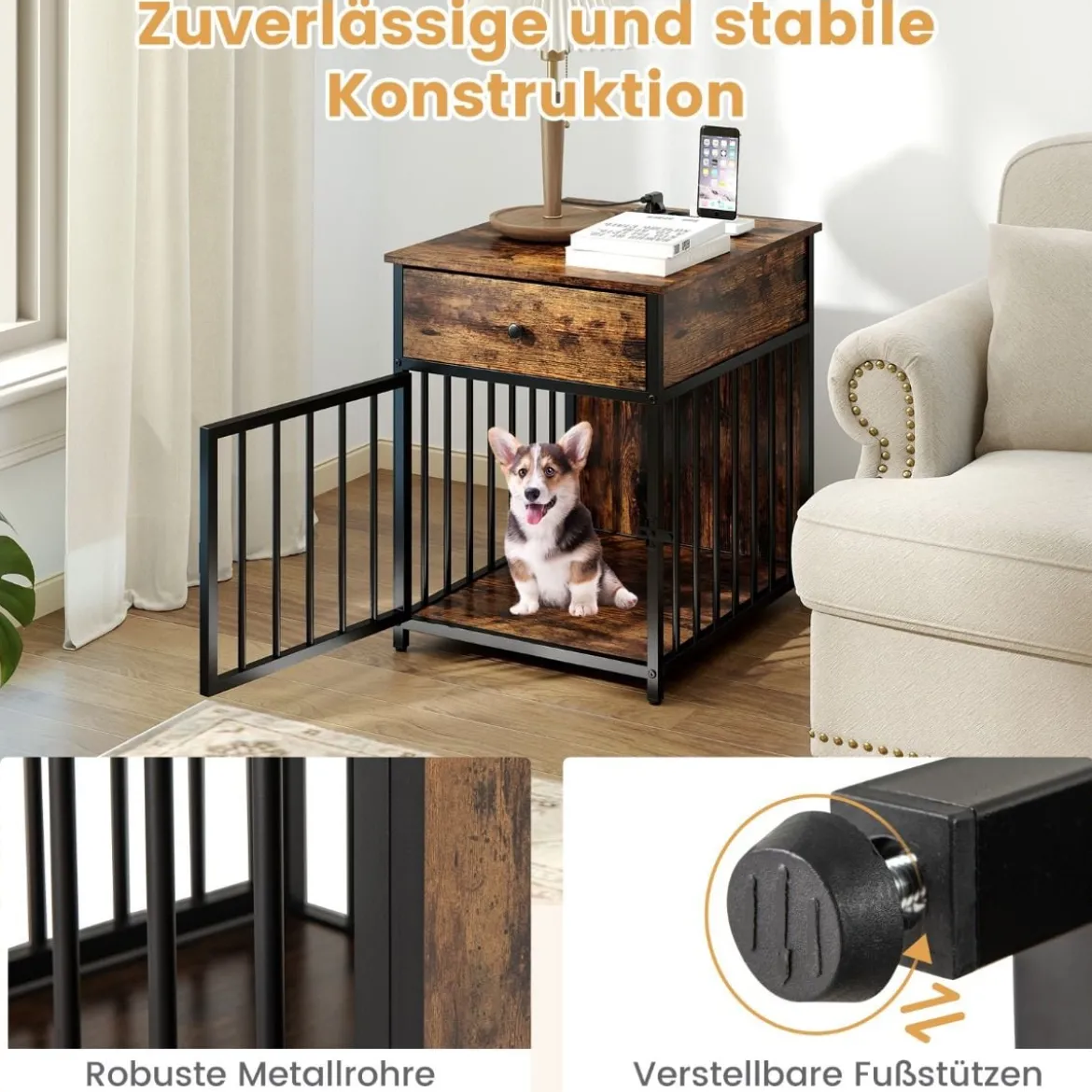 Hundekäfig Möbel Hundebox für Zuhause mit Ladestation Tür Schublade & Metallrohren Braun