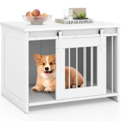 Hundekäfig Möbel mit Schiebetür Hundebox aus Metall Holz Hundehütte Haustierkäfig Weiß