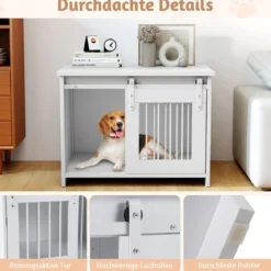 Hundekäfig Möbel mit Schiebetür Hundebox aus Metall Holz Hundehütte Haustierkäfig Weiß