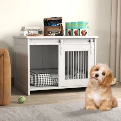 Hundekäfig Möbel mit Schiebetür Hundebox aus Metall Holz Hundehütte Haustierkäfig Weiß
