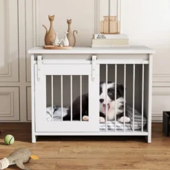 Hundekäfig Möbel mit Schiebetür Hundebox aus Metall Holz Hundehütte Haustierkäfig Weiß