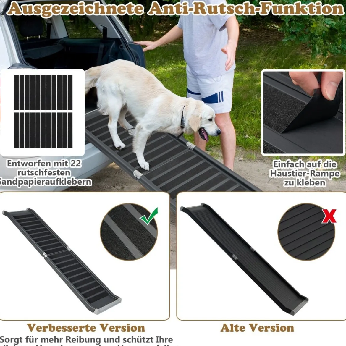 Hunderampe Klappbar bis 60 kg Belastbar Hundetreppe aus Metall & PE Schwarz 159 x 37 x 9 cm