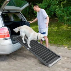 Hunderampe Klappbar bis 60 kg Belastbar Hundetreppe aus Metall & PE Schwarz 159 x 37 x 9 cm