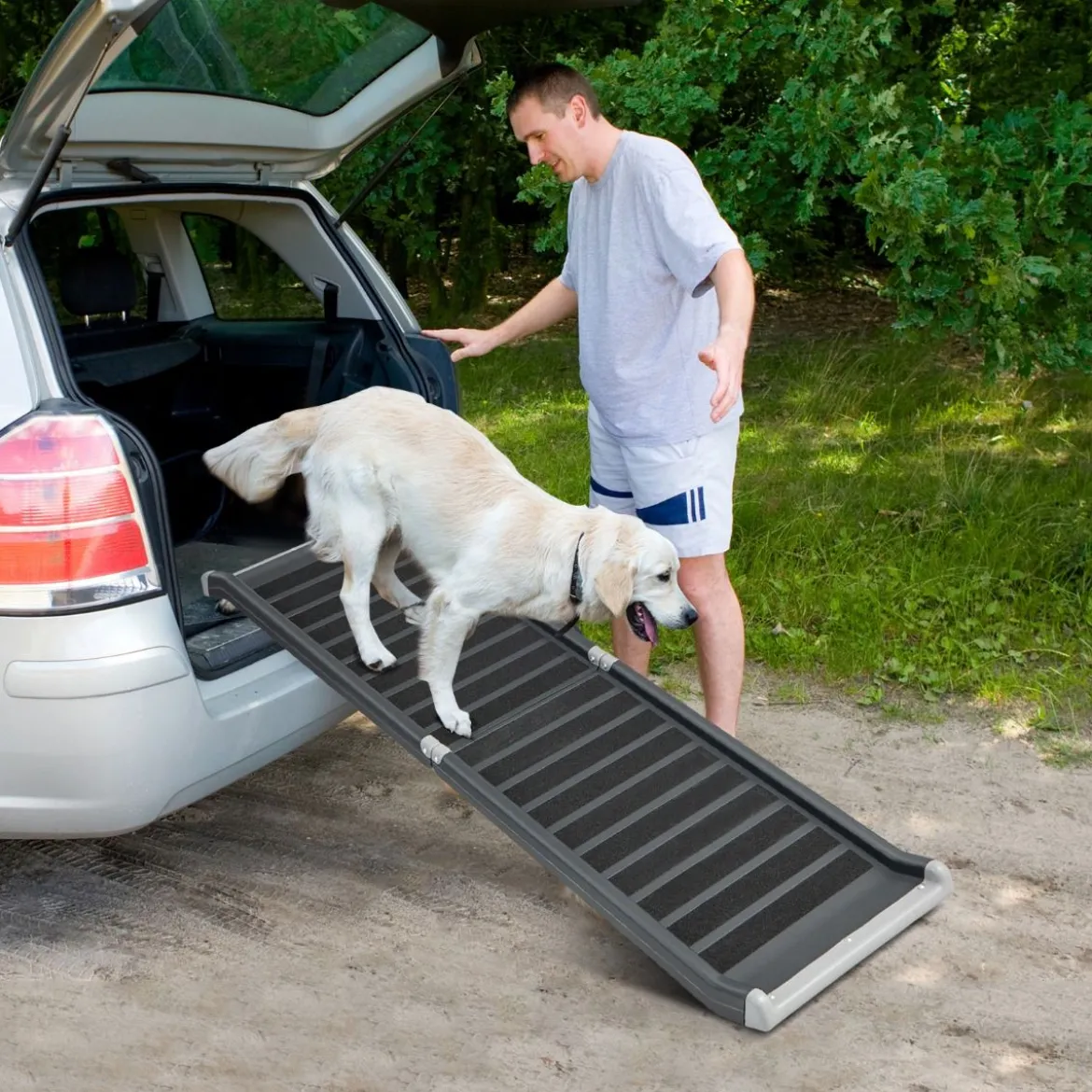 Hunderampe Klappbar bis 60 kg Belastbar Hundetreppe aus Metall & PE Schwarz 159 x 37 x 9 cm