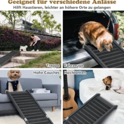 Hunderampe Klappbar bis 60 kg Belastbar Hundetreppe aus Metall & PE Schwarz 159 x 37 x 9 cm