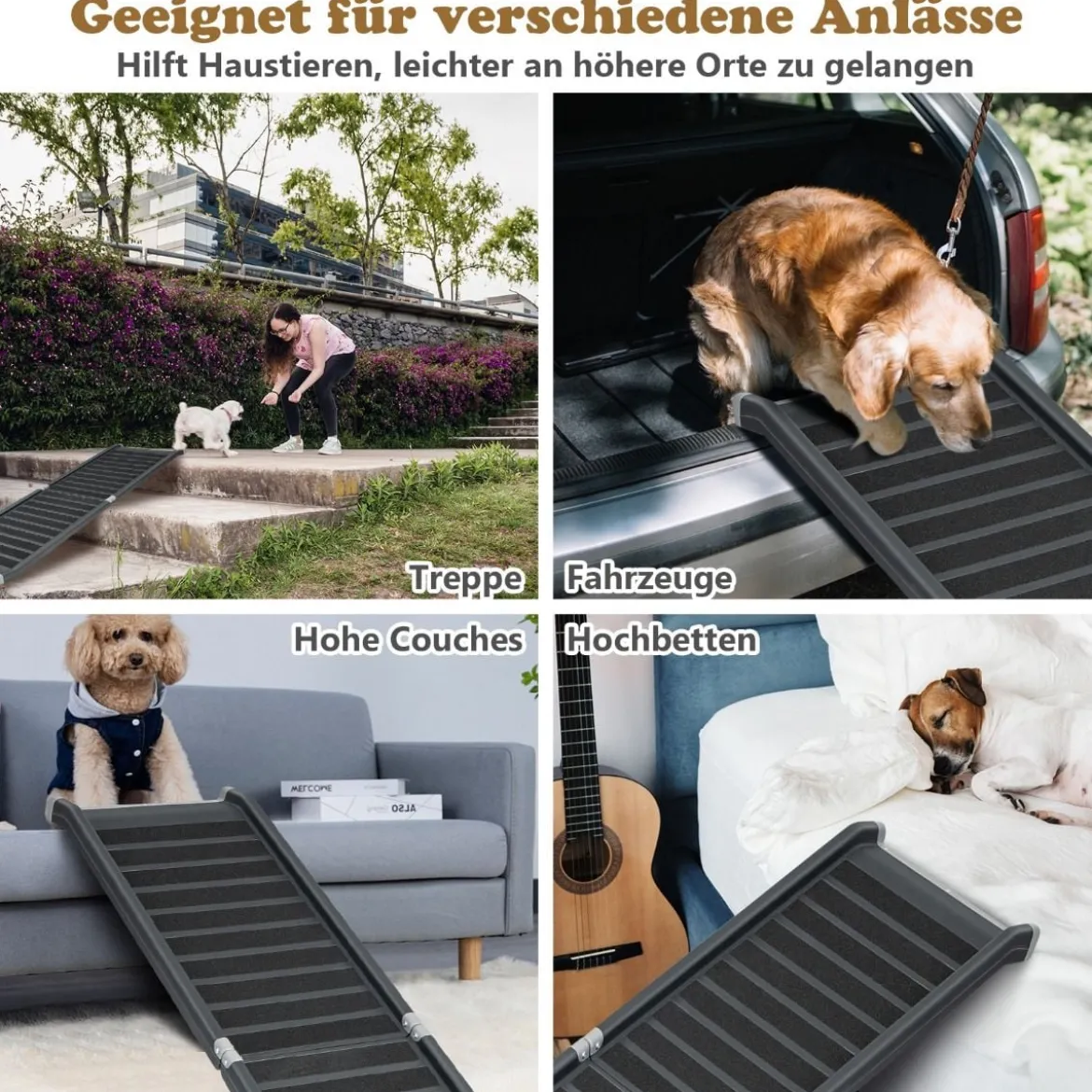 Hunderampe Klappbar bis 60 kg Belastbar Hundetreppe aus Metall & PE Schwarz 159 x 37 x 9 cm