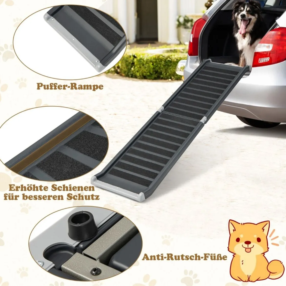 Hunderampe Klappbar bis 60 kg Belastbar Hundetreppe aus Metall & PE Schwarz 159 x 37 x 9 cm