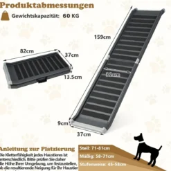 Hunderampe Klappbar bis 60 kg Belastbar Hundetreppe aus Metall & PE Schwarz 159 x 37 x 9 cm