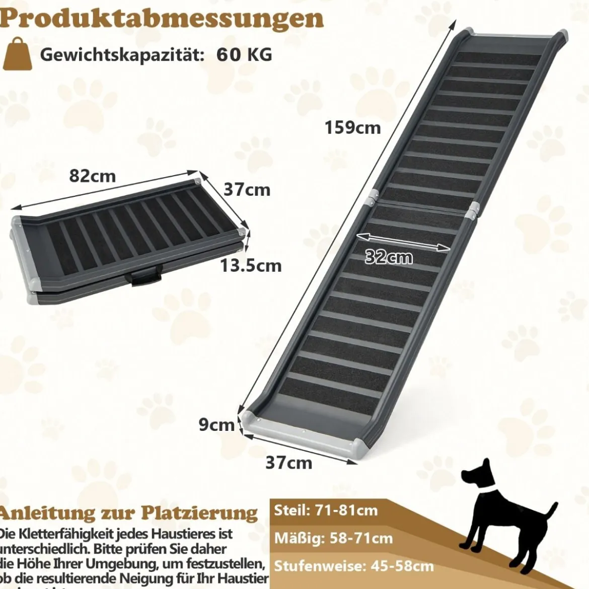 Hunderampe Klappbar bis 60 kg Belastbar Hundetreppe aus Metall & PE Schwarz 159 x 37 x 9 cm