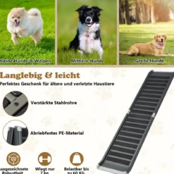 Hunderampe Klappbar bis 60 kg Belastbar Hundetreppe aus Metall & PE Schwarz 159 x 37 x 9 cm