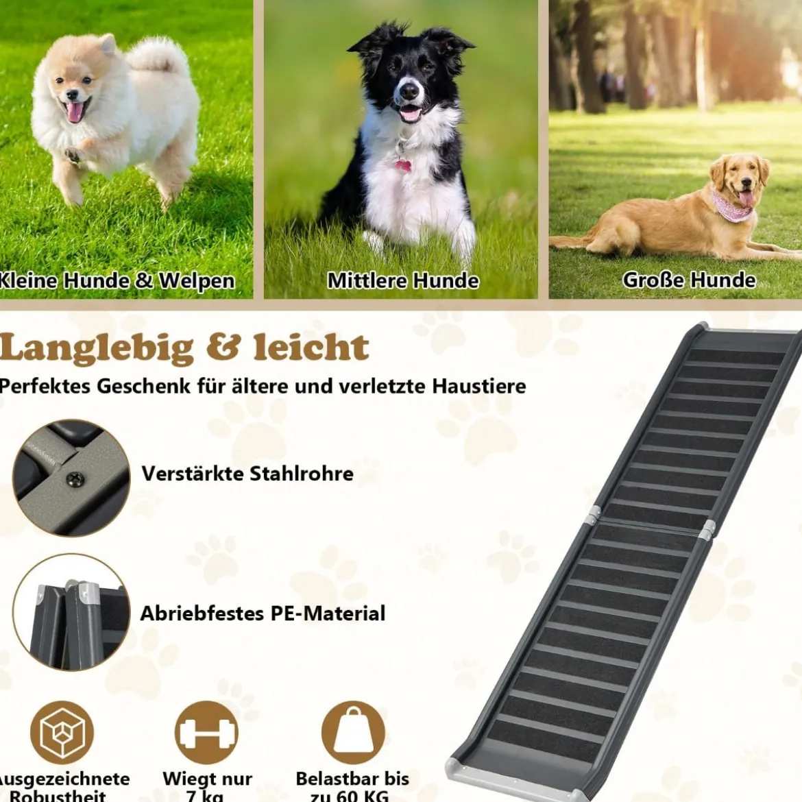 Hunderampe Klappbar bis 60 kg Belastbar Hundetreppe aus Metall & PE Schwarz 159 x 37 x 9 cm