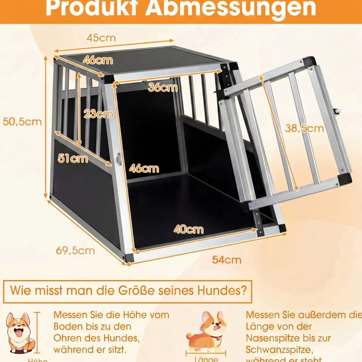 Hundetransportbox mit Abschließbarer Tür & Herausnehmbarer Trennwand Alu Hundebox 69,5 x 54 x 50,5 cm
