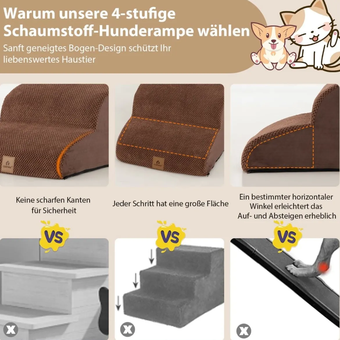 Hundetreppe rutschfeste 4-Stöckige Hunderampe aus Schaumstoff 72 x 41 x 51 cm Braun