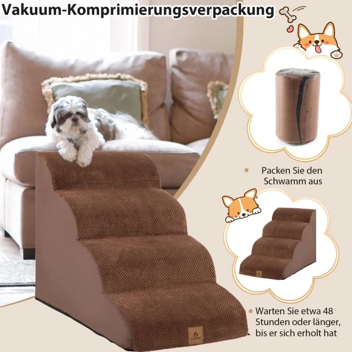 Hundetreppe rutschfeste 4-Stöckige Hunderampe aus Schaumstoff 72 x 41 x 51 cm Braun