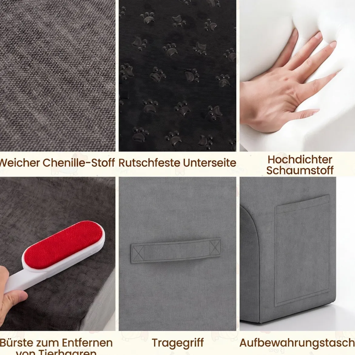 Hundetreppe 4 Stufen Haustiertreppe 43 cm Hoch mit Loch & Waschbarem Bezug Grau