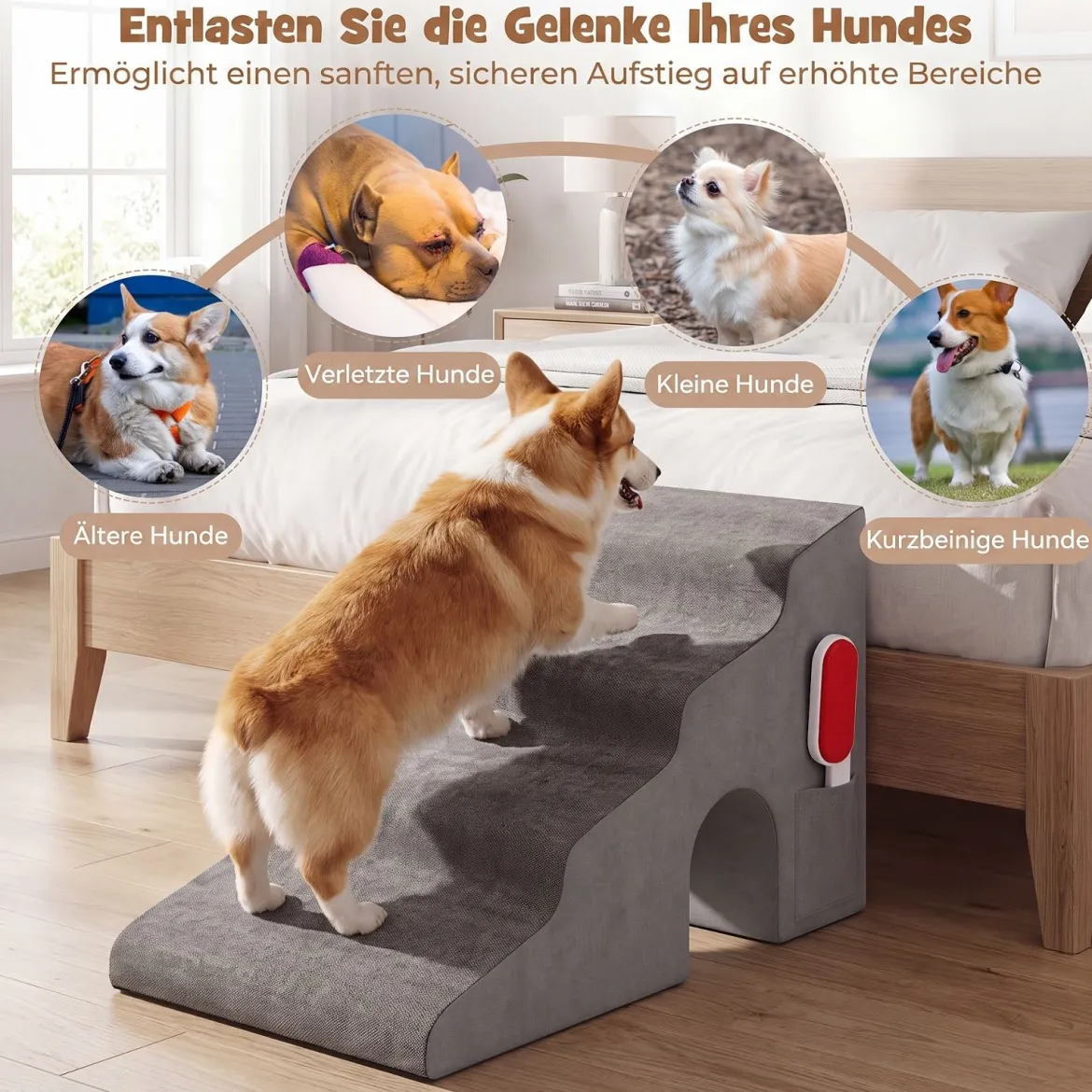 Hundetreppe 4 Stufen Haustiertreppe 43 cm Hoch mit Loch & Waschbarem Bezug Grau