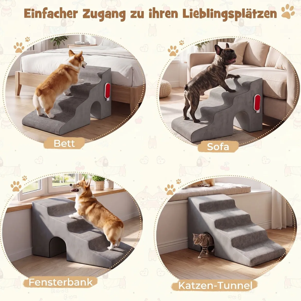 Hundetreppe 4 Stufen Haustiertreppe 43 cm Hoch mit Loch & Waschbarem Bezug Grau