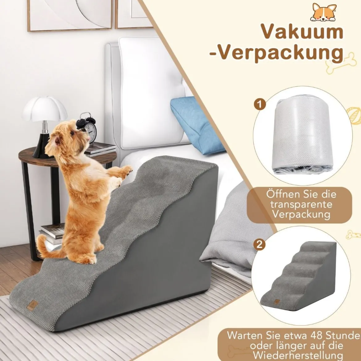 Hundetreppe 5 Stufen rutschfeste Hundestufe aus Schaumstoff Grau