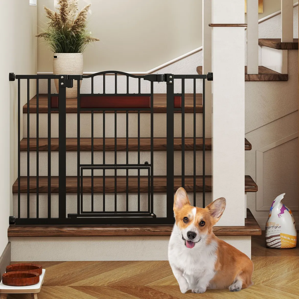 Hunde Türschutzgitter Türgitter ohne Bohren Schutzgitter mit Kleiner Tür Hundegitter Schwarz