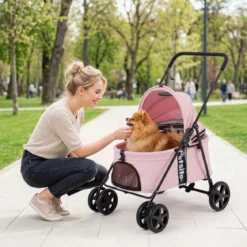 Hundewagen Faltbarer Hundebuggy mit 180° Verstellbarem Sonnendach & Feststellfunktion Rosa