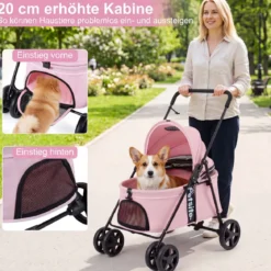 Hundewagen Faltbarer Hundebuggy mit 180° Verstellbarem Sonnendach & Feststellfunktion Rosa