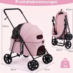 Hundewagen Faltbarer Hundebuggy mit 180° Verstellbarem Sonnendach & Feststellfunktion Rosa