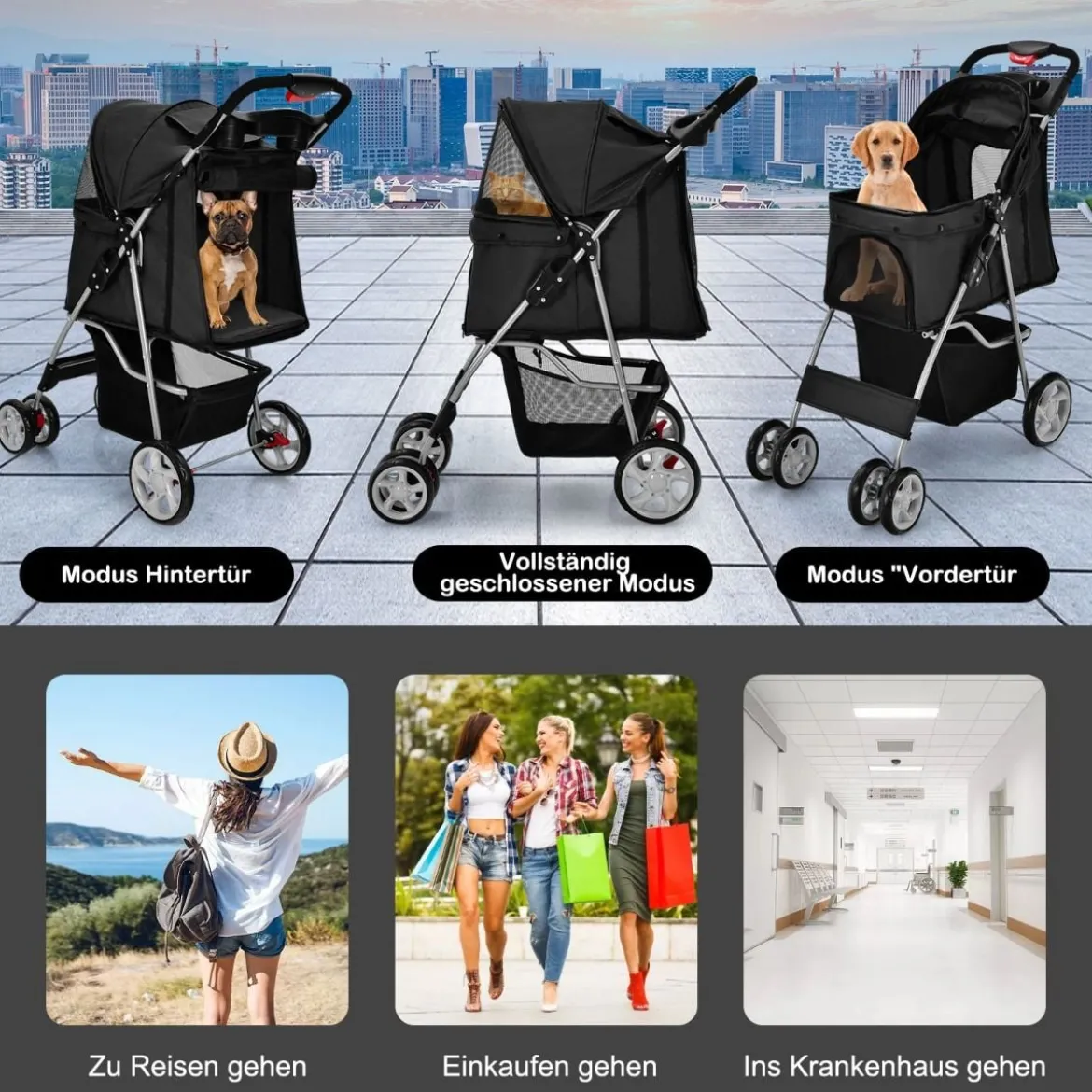 Hundewagen Haustiere Buggy bis 15kg Hundebuggy Katzenbuggy für kleine Hunde Katzen Schwarz