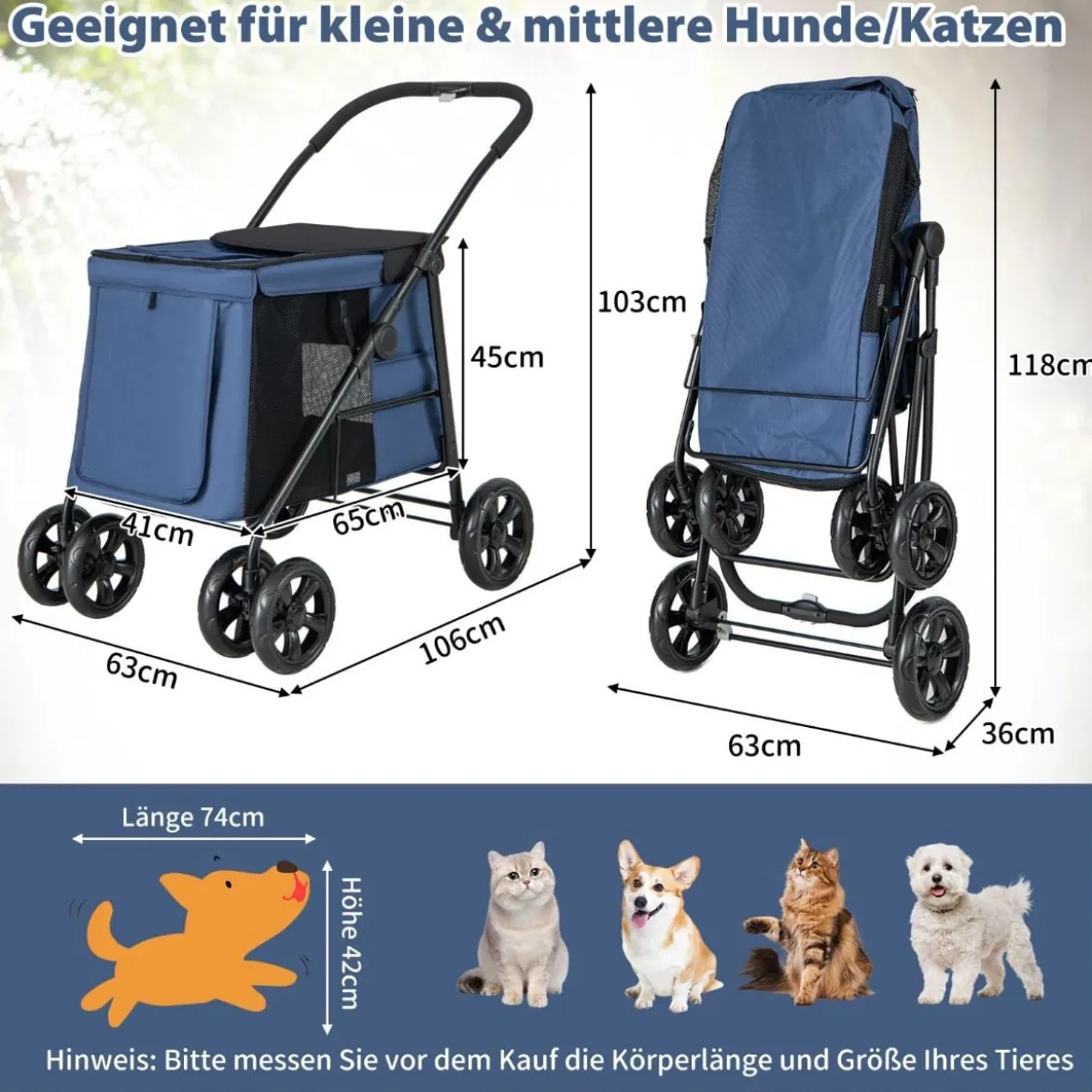 Hundewagen Hundebuggy klappbar bis 40 kg Hundetrolley mit Kissen 106 x 63 x 103 cm Blau