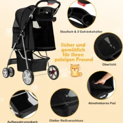 Hundewagen mit Netzfenstern & Getränkehalter & Anhänger Haustiere Buggy bis 15kg