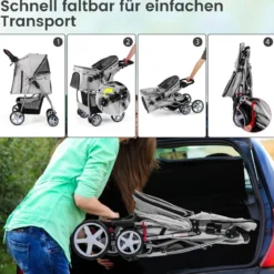 Hundewagen mit Netzfenstern & Getränkehalter & Anhänger Haustiere Buggy bis 15kg