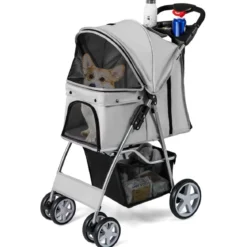Hundewagen mit Netzfenstern & Getränkehalter & Anhänger Haustiere Buggy bis 15kg