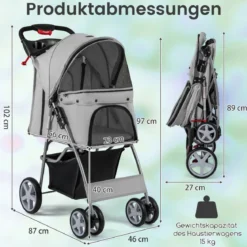 Hundewagen mit Netzfenstern & Getränkehalter & Anhänger Haustiere Buggy bis 15kg