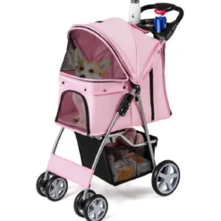 Hundewagen mit Netzfenstern & Getränkehalter & Anhänger Haustiere Buggy bis 15kg