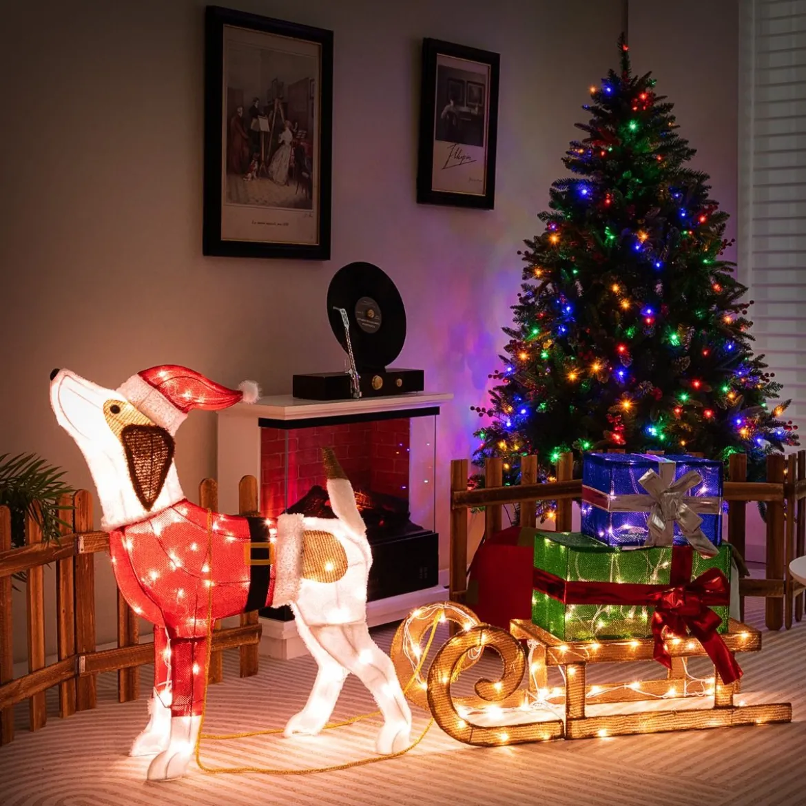 Hund mit Schlitten und Geschenkboxen Weihnachtsdeko mit 170 Warmen LED Lichtern
