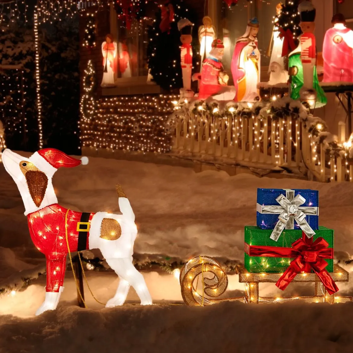 Hund mit Schlitten und Geschenkboxen Weihnachtsdeko mit 170 Warmen LED Lichtern
