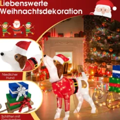 Hund mit Schlitten und Geschenkboxen Weihnachtsdeko mit 170 Warmen LED Lichtern