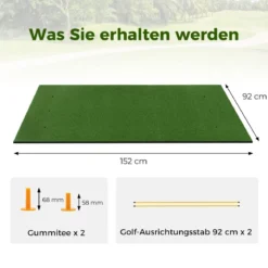 3-in-1-Abschlagmatte für Golf mit Kunstrasen 2 Golf-Tees 2 Ausrichtungsstäben & 6 vorgebohrten Abschlaglöchern 152 x 92 cm