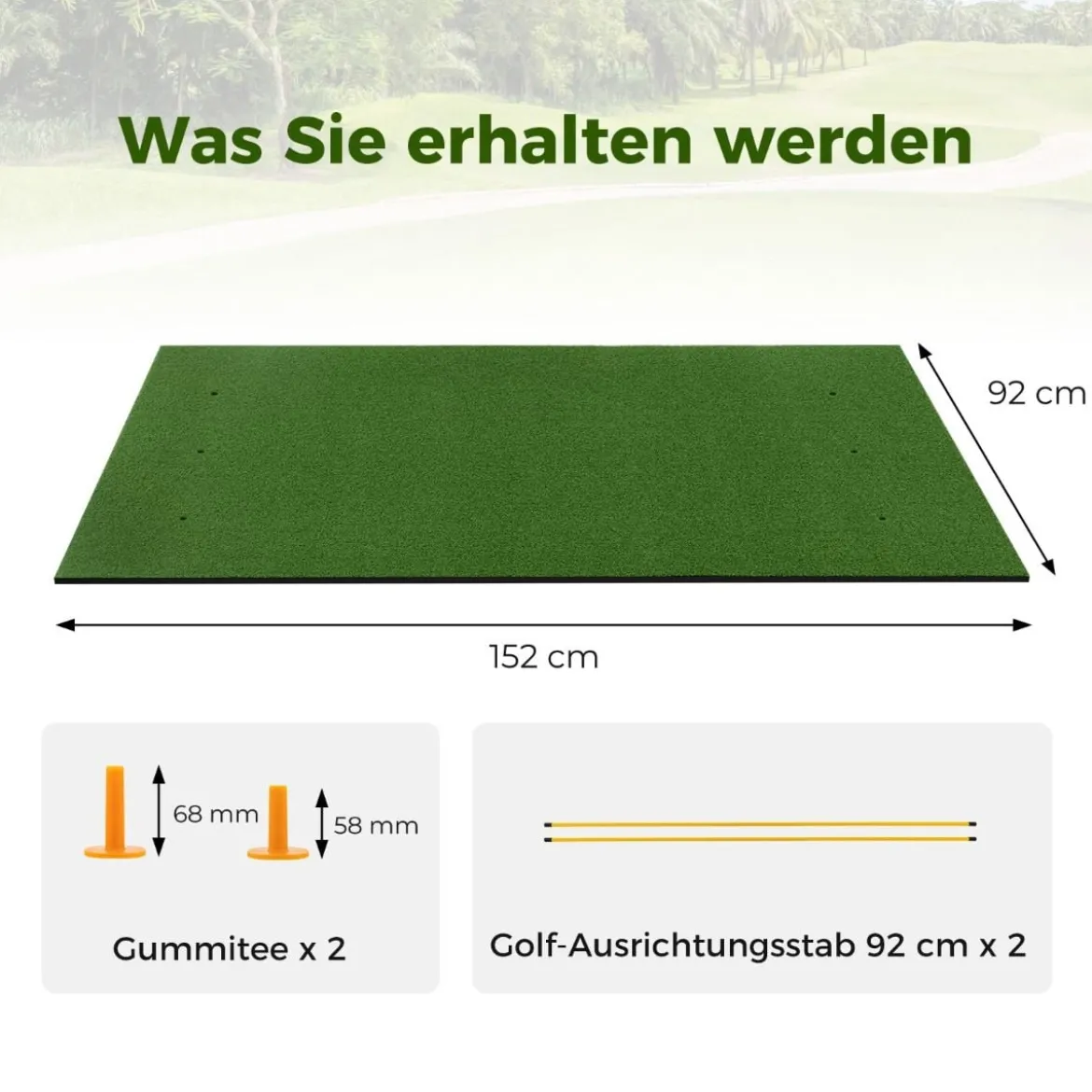 3-in-1-Abschlagmatte für Golf mit Kunstrasen 2 Golf-Tees 2 Ausrichtungsstäben & 6 vorgebohrten Abschlaglöchern 152 x 92 cm 27 mm