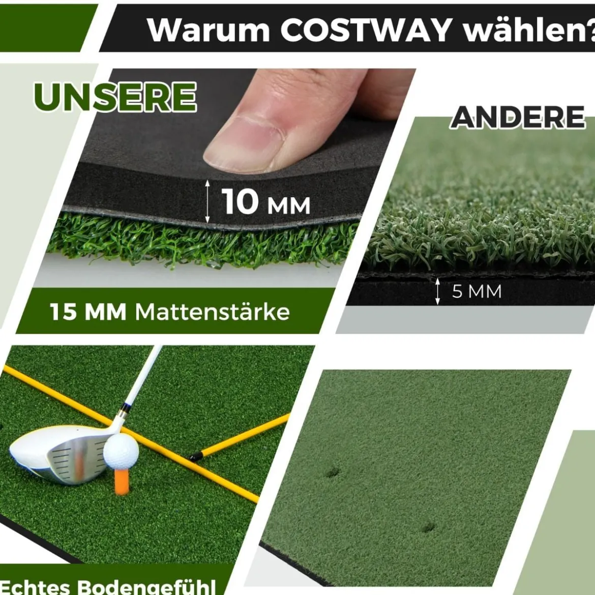 3-in-1-Abschlagmatte für Golf mit Kunstrasen 2 Golf-Tees 2 Ausrichtungsstäben & 6 vorgebohrten Abschlaglöchern 152 x 92 cm 27 mm