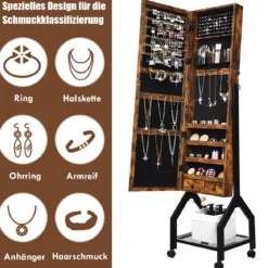 2-in-1 abschließbarer Schmuckschrank mit Ganzkörperspiegel und Ablage Schmuck Spiegelschrank stehend