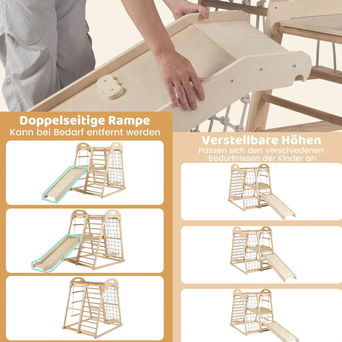 8 in 1 Affenstange & Schaukel & Kletternetz & Kletterleiter & Kletterstrick & Kletterfelsen & Rutsche & Plattform Natur