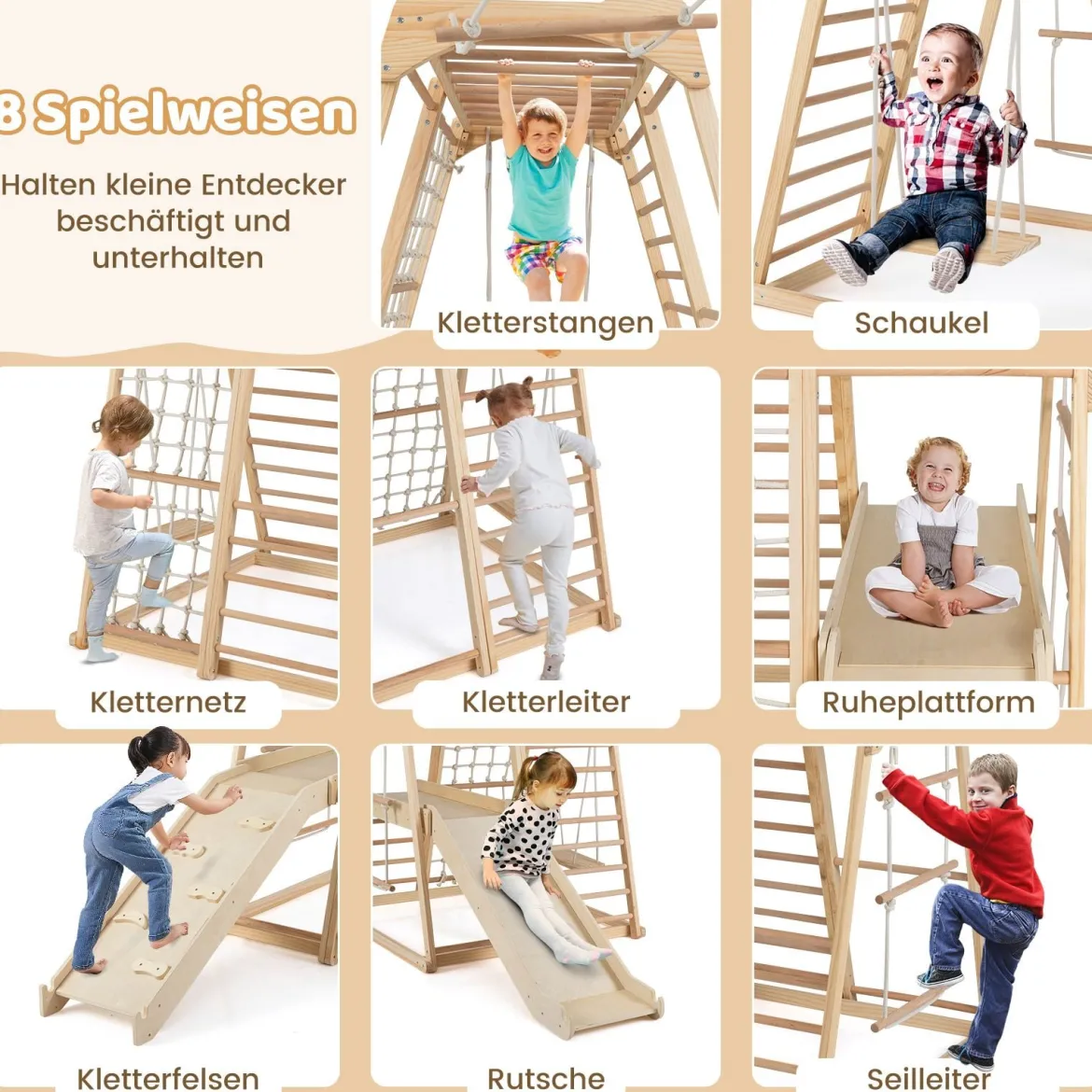 8 in 1 Affenstange & Schaukel & Kletternetz & Kletterleiter & Kletterstrick & Kletterfelsen & Rutsche & Plattform Natur