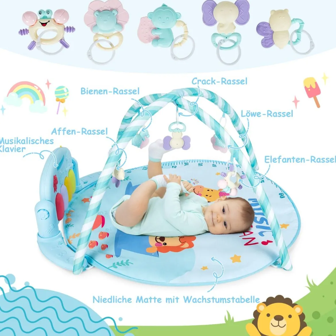 4 in 1 Aktivitätsmatte Baby-Spielmatte Musikalisches Klavier mit Lichtern 86 x 86 x 47 cm Blau