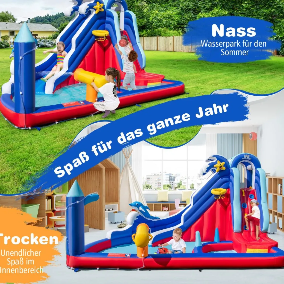 6 in 1 Aufblasbare Hüpfburg mit Kletterwand & Spritzpool & Wasserkanone & Basketballkorb