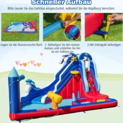 6 in 1 Aufblasbare Hüpfburg mit Kletterwand & Spritzpool & Wasserkanone & Basketballkorb