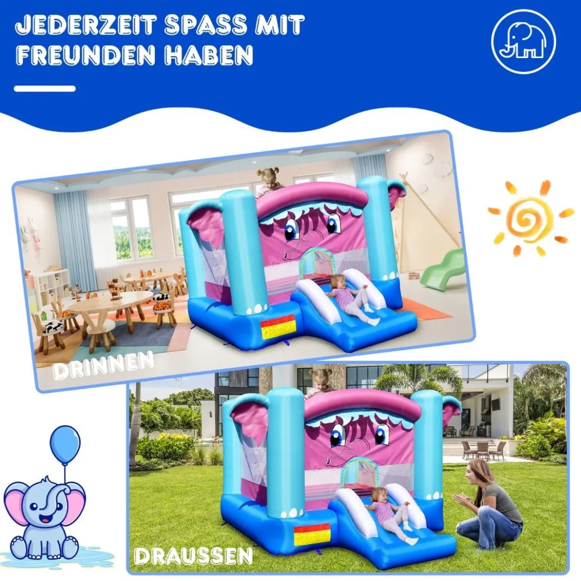 3 in 1 Aufblasbare Hüpfburg mit Sprungbereich & Rutsche & Basketballkorb 255 x 352 x 194 cm Bunt