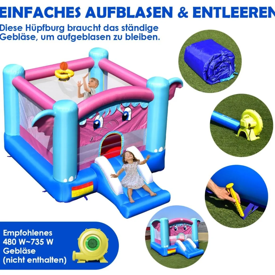 3 in 1 Aufblasbare Hüpfburg mit Sprungbereich & Rutsche & Basketballkorb 255 x 352 x 194 cm Bunt