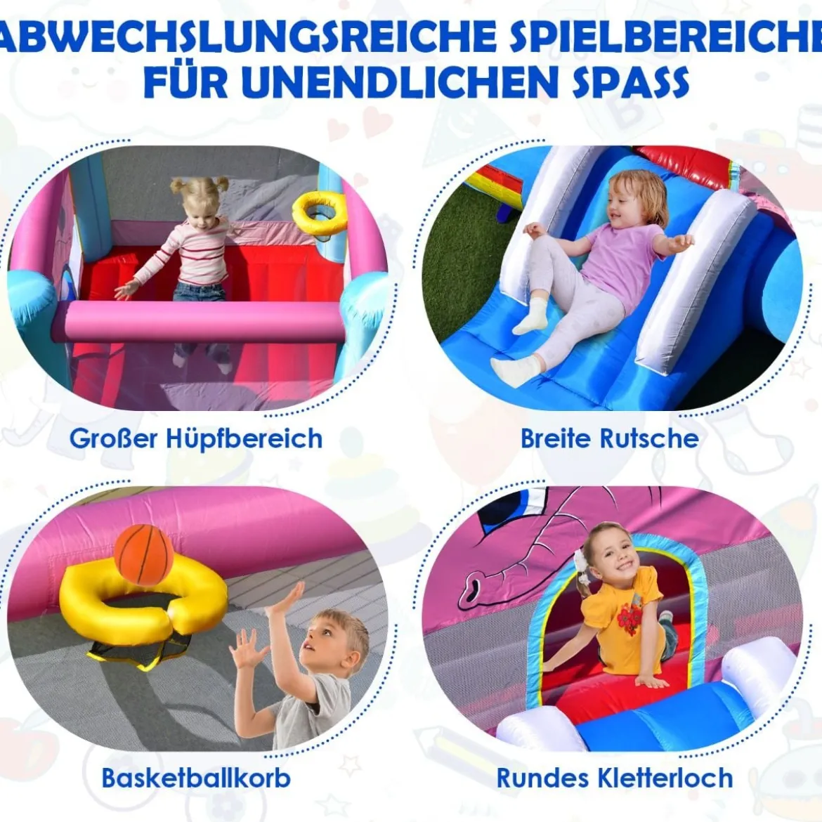 3 in 1 Aufblasbare Hüpfburg mit Sprungbereich & Rutsche & Basketballkorb 255 x 352 x 194 cm Bunt